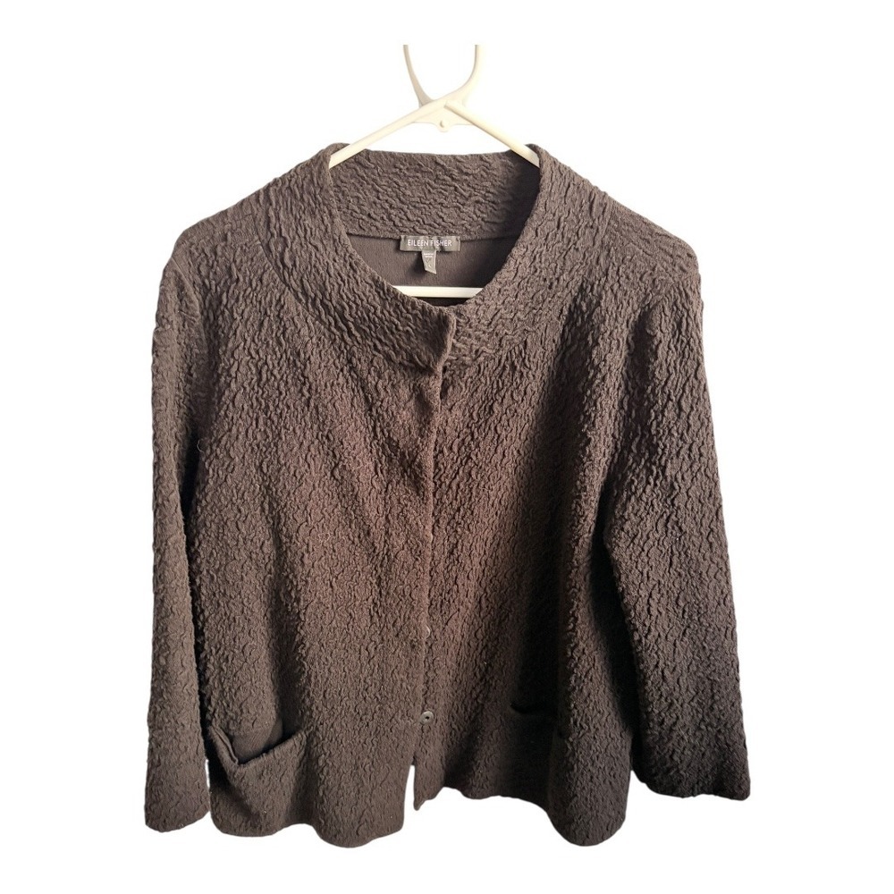 Eileen Fisher System Woman SZ‎ L black textured knit snap hidden button cardigan